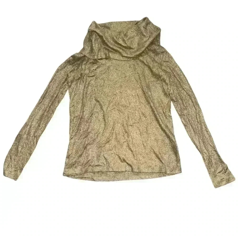 NEW Lauren Ralph Lauren Cowl Neck long Sleeve Shirt Gold Metallic